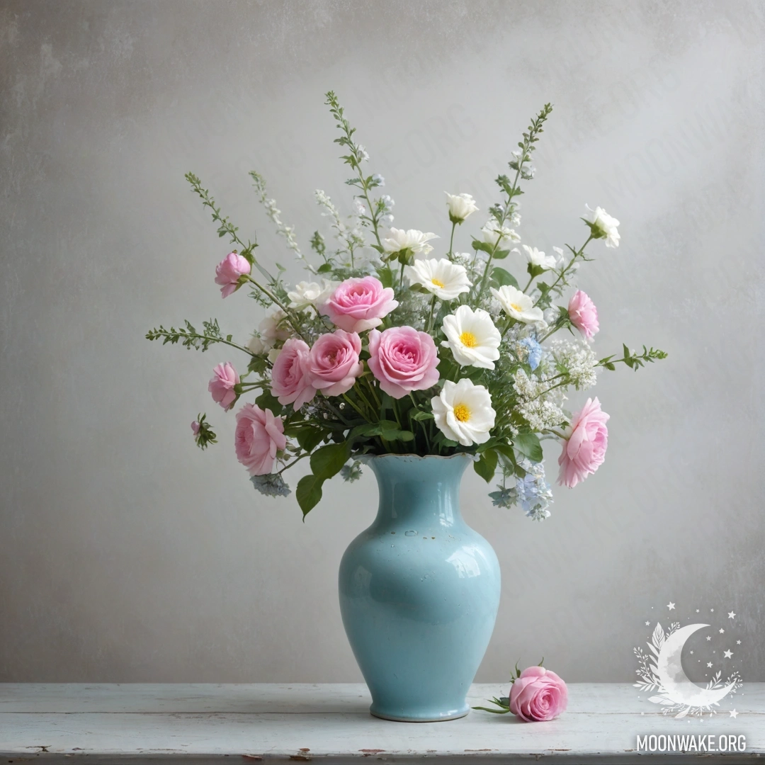 Потрепанная голубая ваза, наполненная белыми и розовыми цветами, на фоне белой стены, окутанной густым туманом.