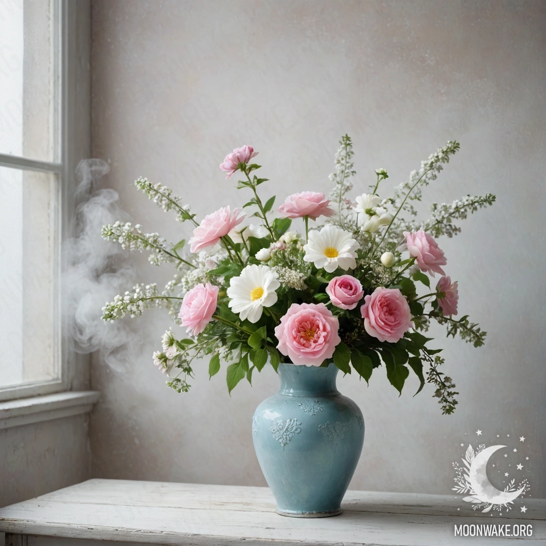 Старая пастельная синяя ваза с белыми и розовыми цветами на фоне белой стены, окутанная туманом.