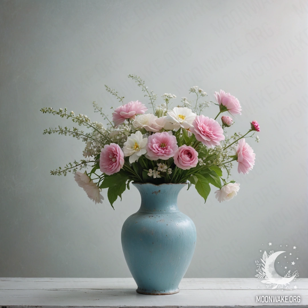 Старая пастельная синяя ваза, наполненная белыми и розовыми цветами, на фоне потрескавшейся белой стены в густом тумане.