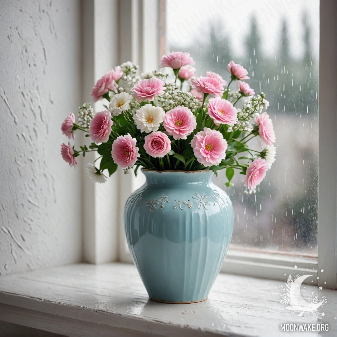 Старая металлическая пастельная голубая ваза с белыми и розовыми цветами на фоне белой стены, атмосферный дождь.