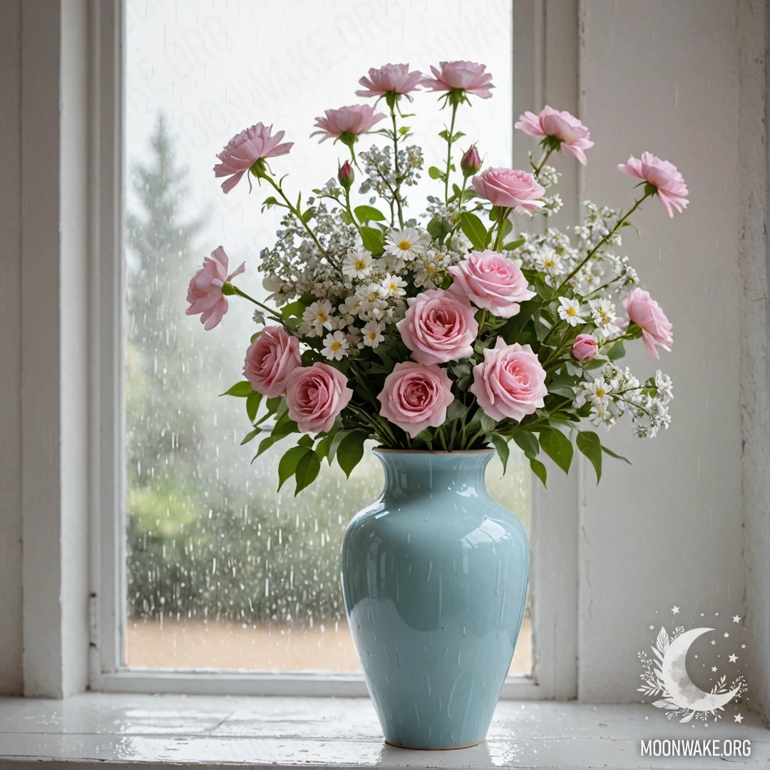 Старая пастельная голубая ваза с белыми и розовыми цветами на фоне поношенной белой стены, под дождём.