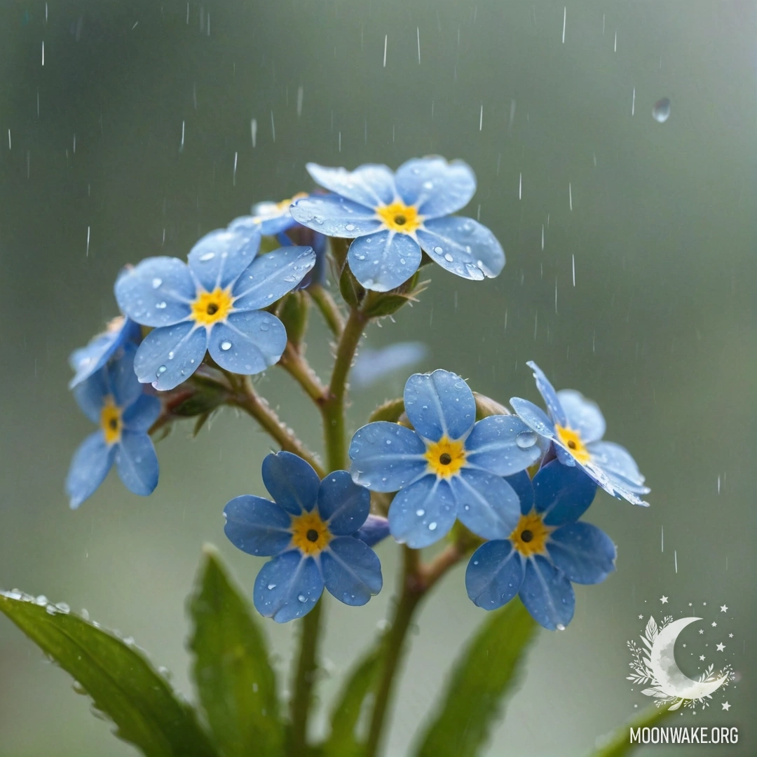 Нежная композиция незабудок, пропитанных дождем, с тонкими пастельными оттенками.