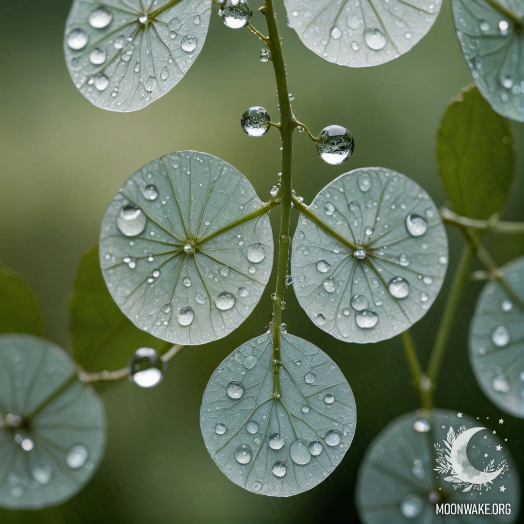 Минималистская композиция с луной с капельками росы и стразами в пастельных тонах, вдохновленная китайским искусством.