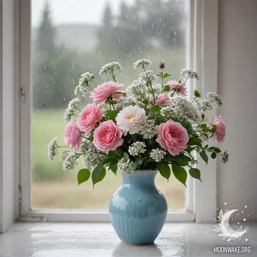 Пастельная синяя ваза с белыми и розовыми цветами на обшарпанной белой стене под дождем.