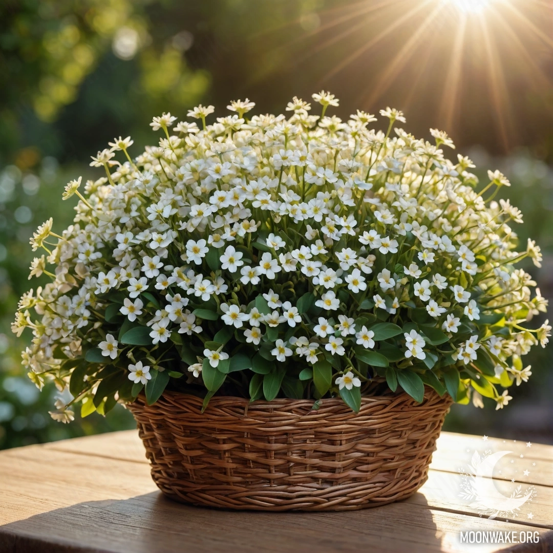 Корзина, наполненная мелкими белыми цветами, на деревянном столе при закате.