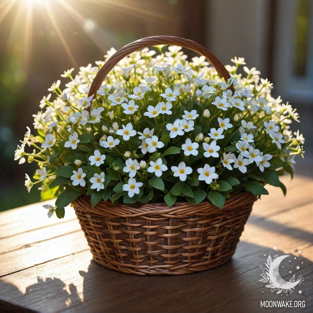 Корзина, наполненная мелкими белыми цветами, стоит на деревянном столе на закате, освещенная солнечными лучами.