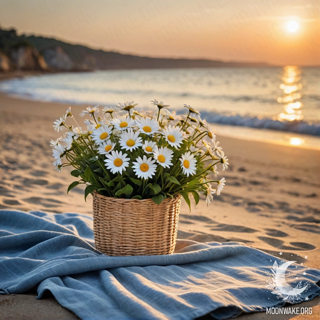 Соломенная сумка с синей скатертью и букетом ромашек на песчаном пляже на закате
