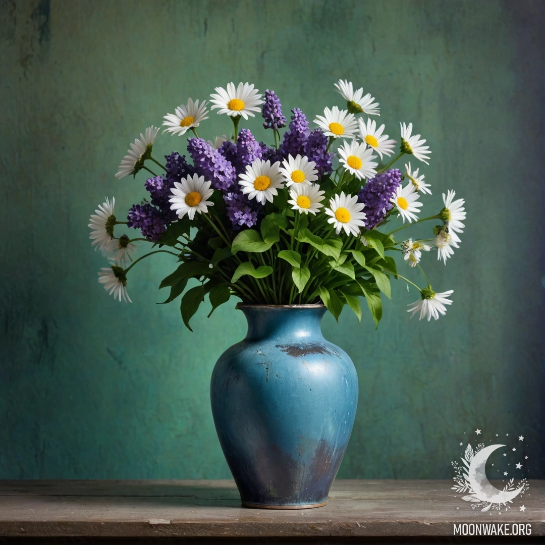 Старая синяя металлическая ваза, наполненная ромашками и сиреневыми цветами, на фоне зеленоватой стены в ночное время.