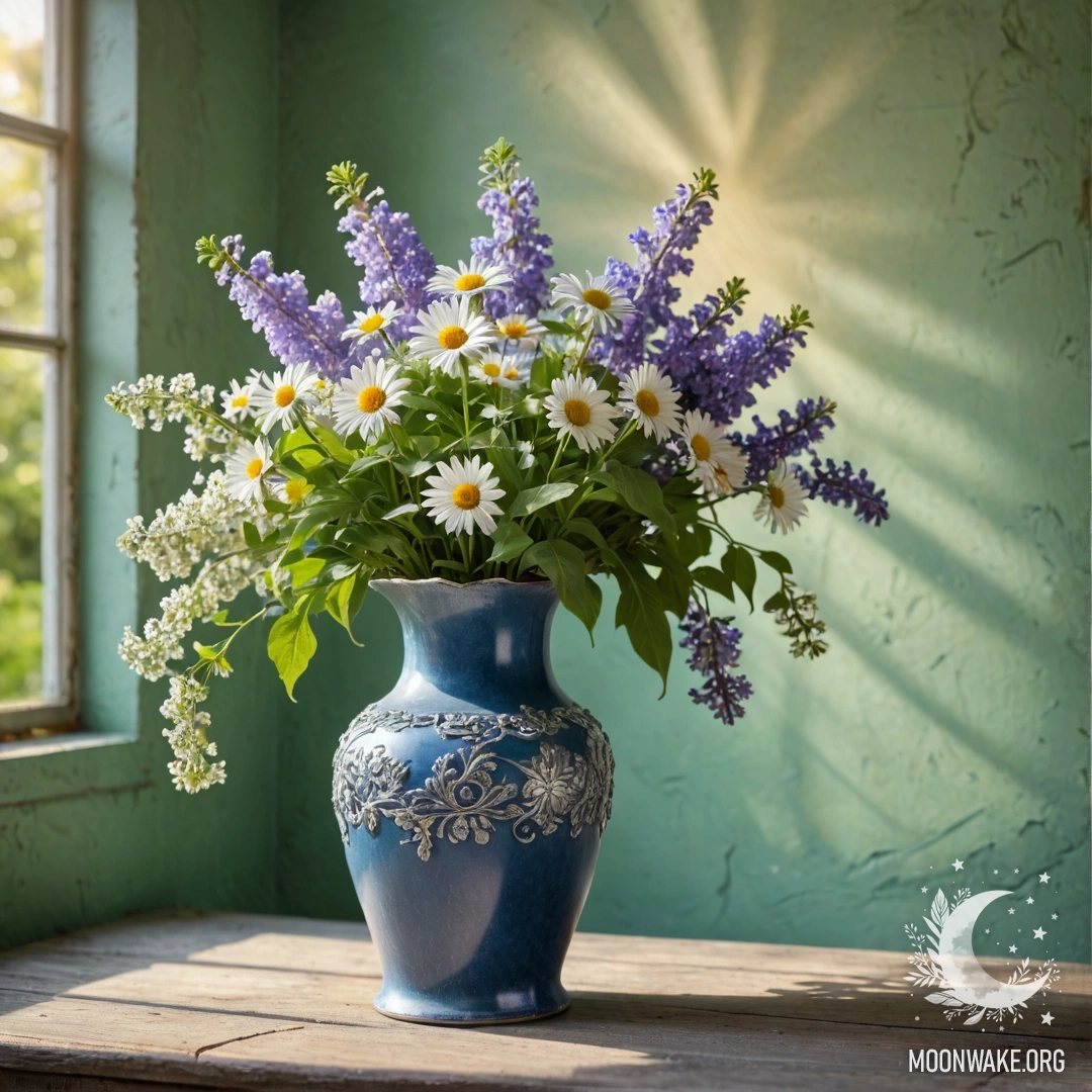 Старая синяя ваза, наполненная ромашками и сиренью, на зеленоватой стене, освещенной солнечными лучами.