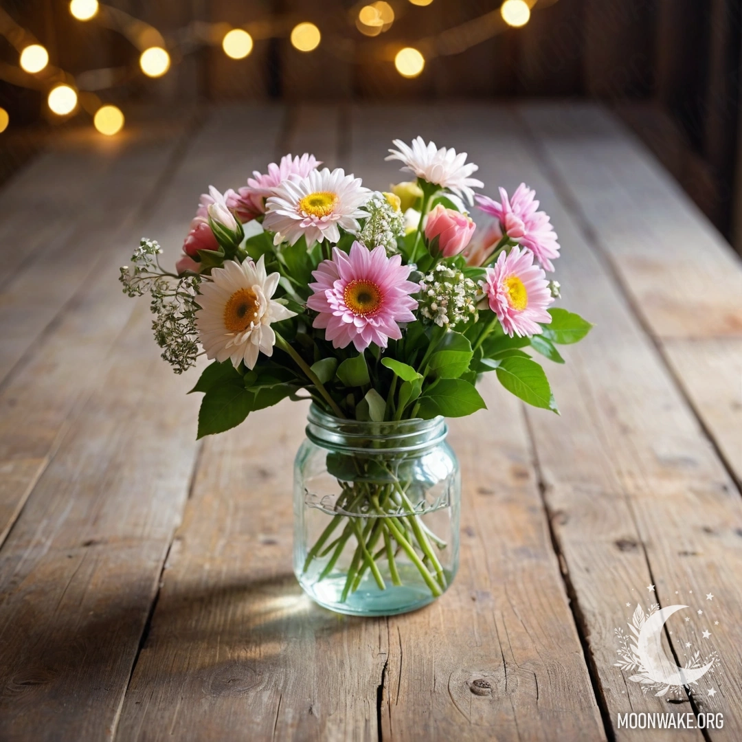 Рустикальный деревянный стол с банкой цветов и размытыми огоньками гирлянды на фоне.