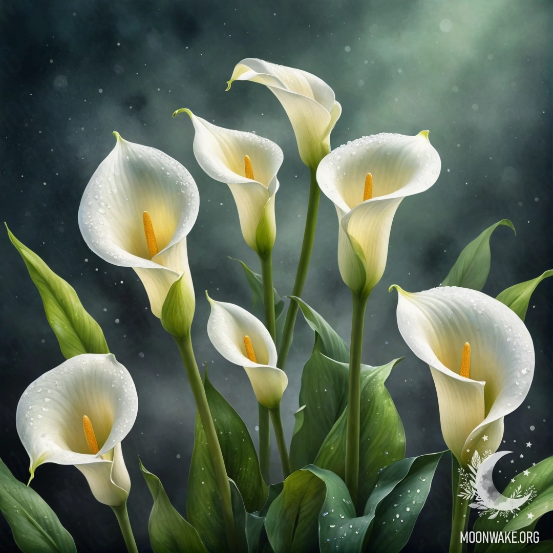 Спокойный пейзаж с зелеными лилиями, окутанными туманом ночью, с легкими блестками.