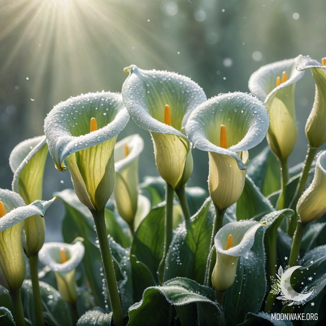 Спокойная композиция зеленых лилий в льду, залитых солнечными лучами и украшенных стразами.