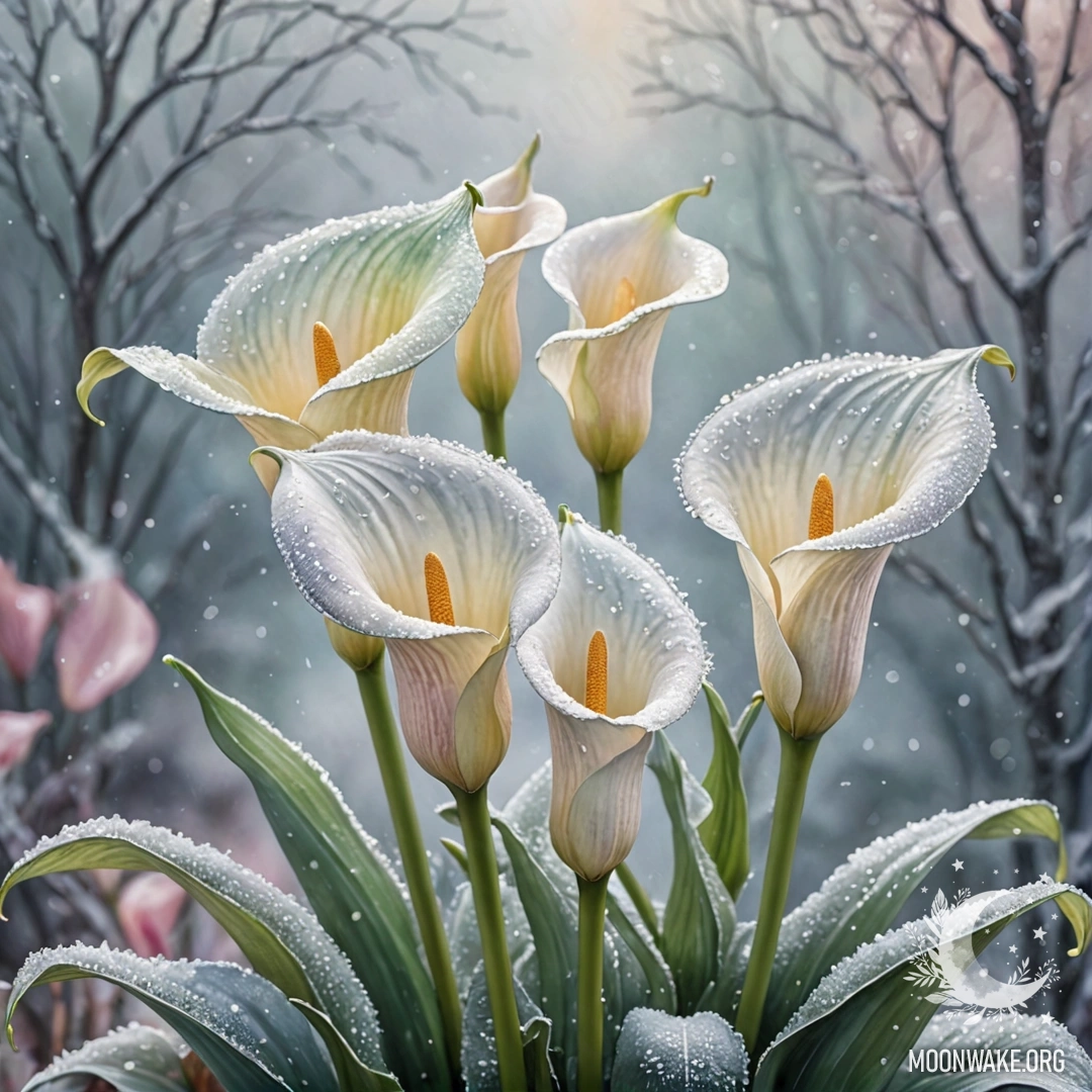 Нежные лилии пастельного цвета, покрытые инеем и блестками.