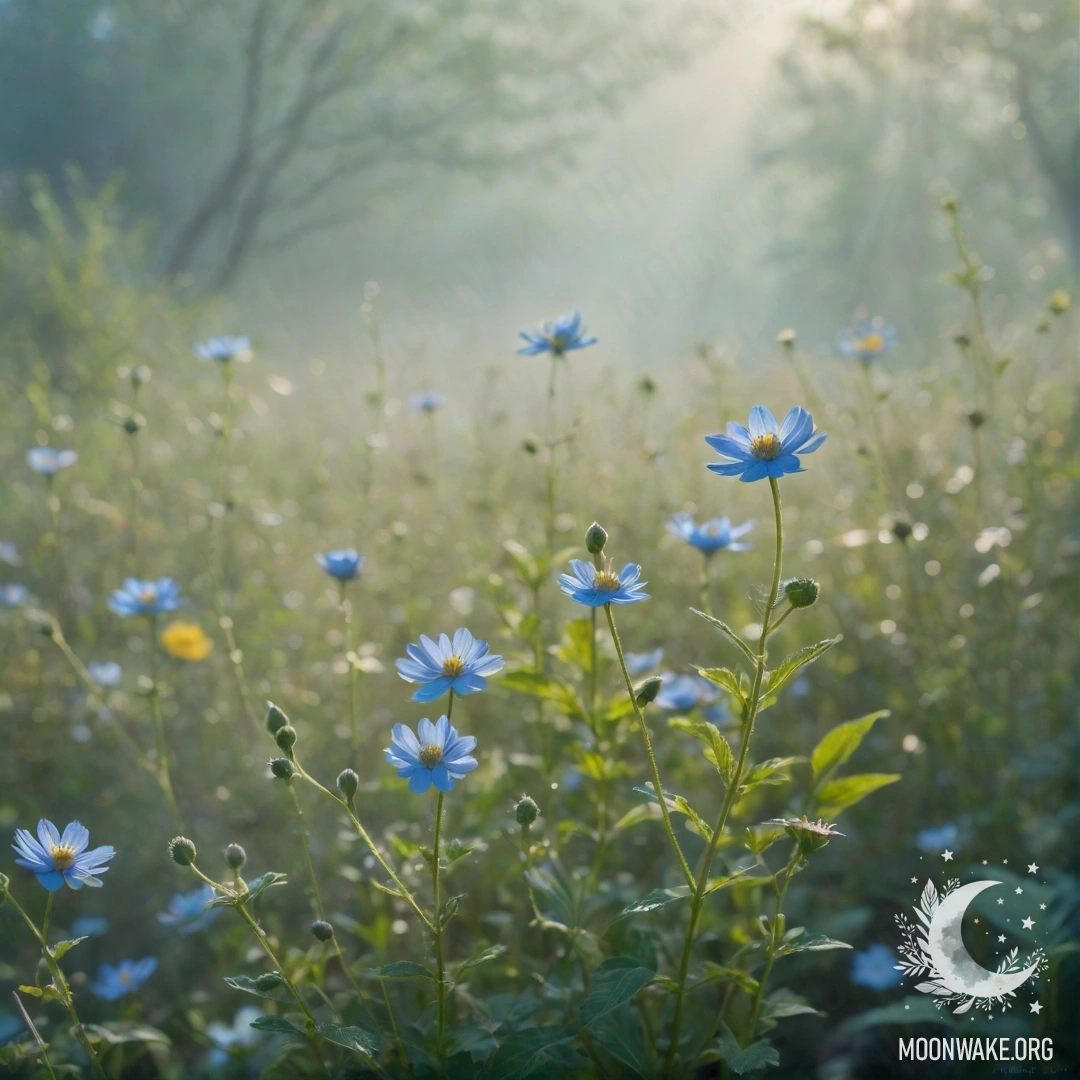 Корзина, полная лилий в тумане, с зелёно-голубыми оттенками.