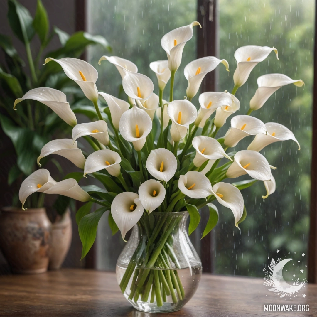 Ваза с пастельными лилиями под дождем, озаренными солнечными лучами.