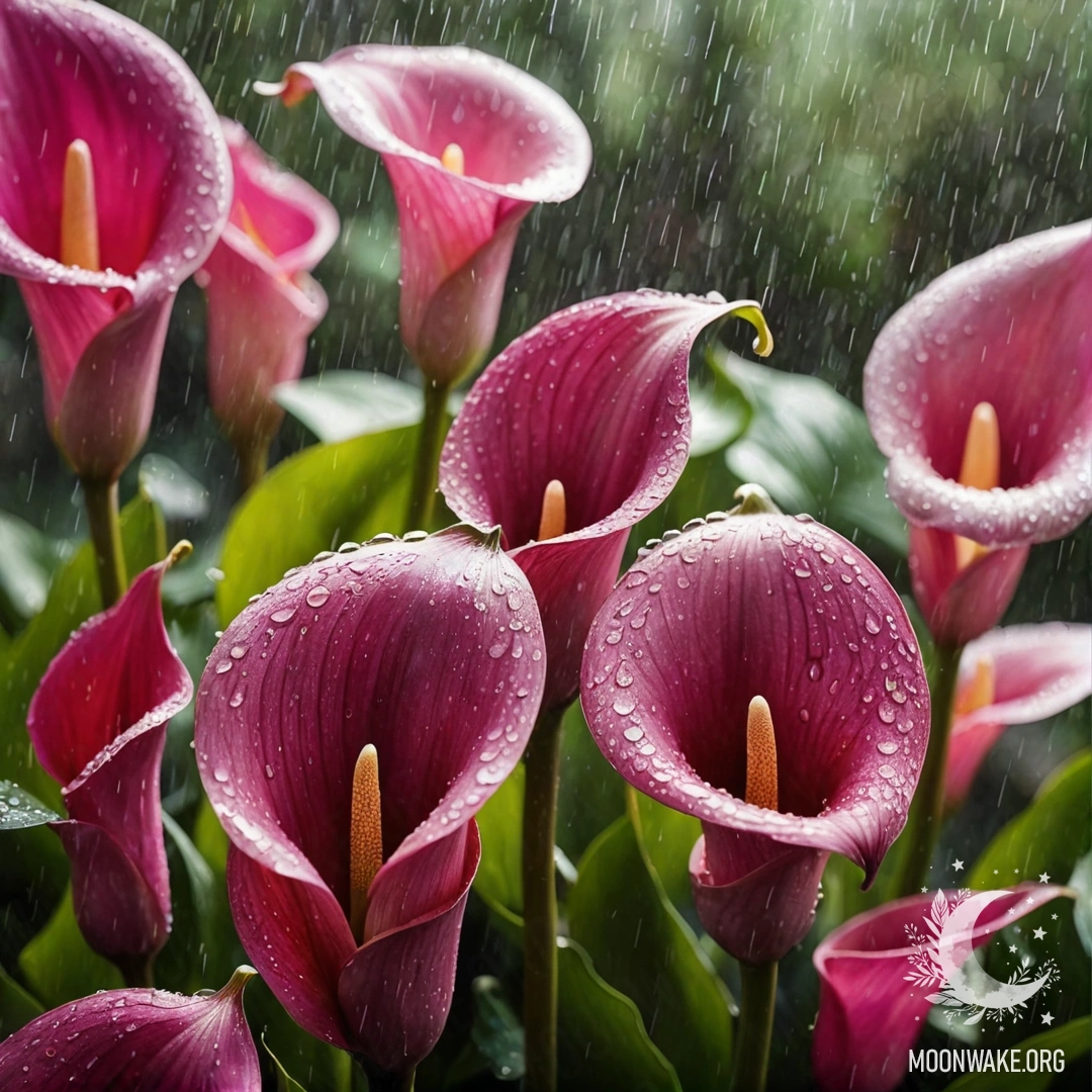 Спокойный вид на фуксиевые лилии, омытые дождем с солнечными лучами.