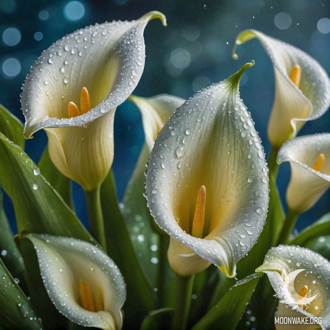 Спокойная композиция из лилий, украшенных росой, мягко сверкающей на свету.