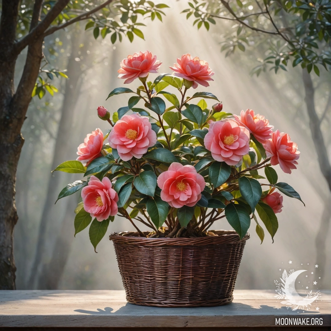 Спокойная красная камелия, окруженная туманом и мягким солнечным светом, помещенная в корзину.