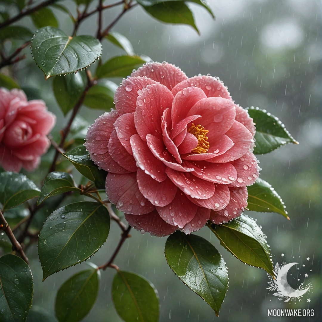 Безмятежная красная камелия, окруженная дымкой и дождем с блестками.