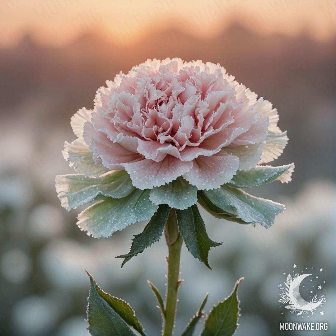 Нежная гвоздика, окруженная морозом на фоне заката.