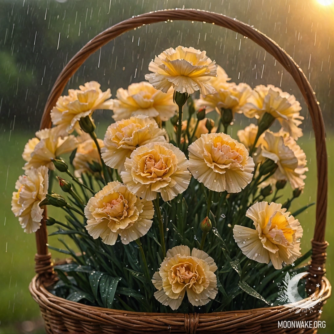 Желтая гвоздика в корзине под дождем на закате.