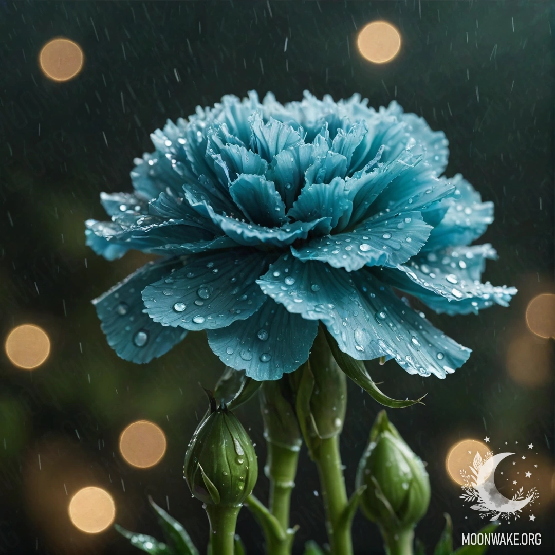 Одна гвоздика, сверкающая пайетками, пропитанная дождем ночью, зеленовато-голубого оттенка.