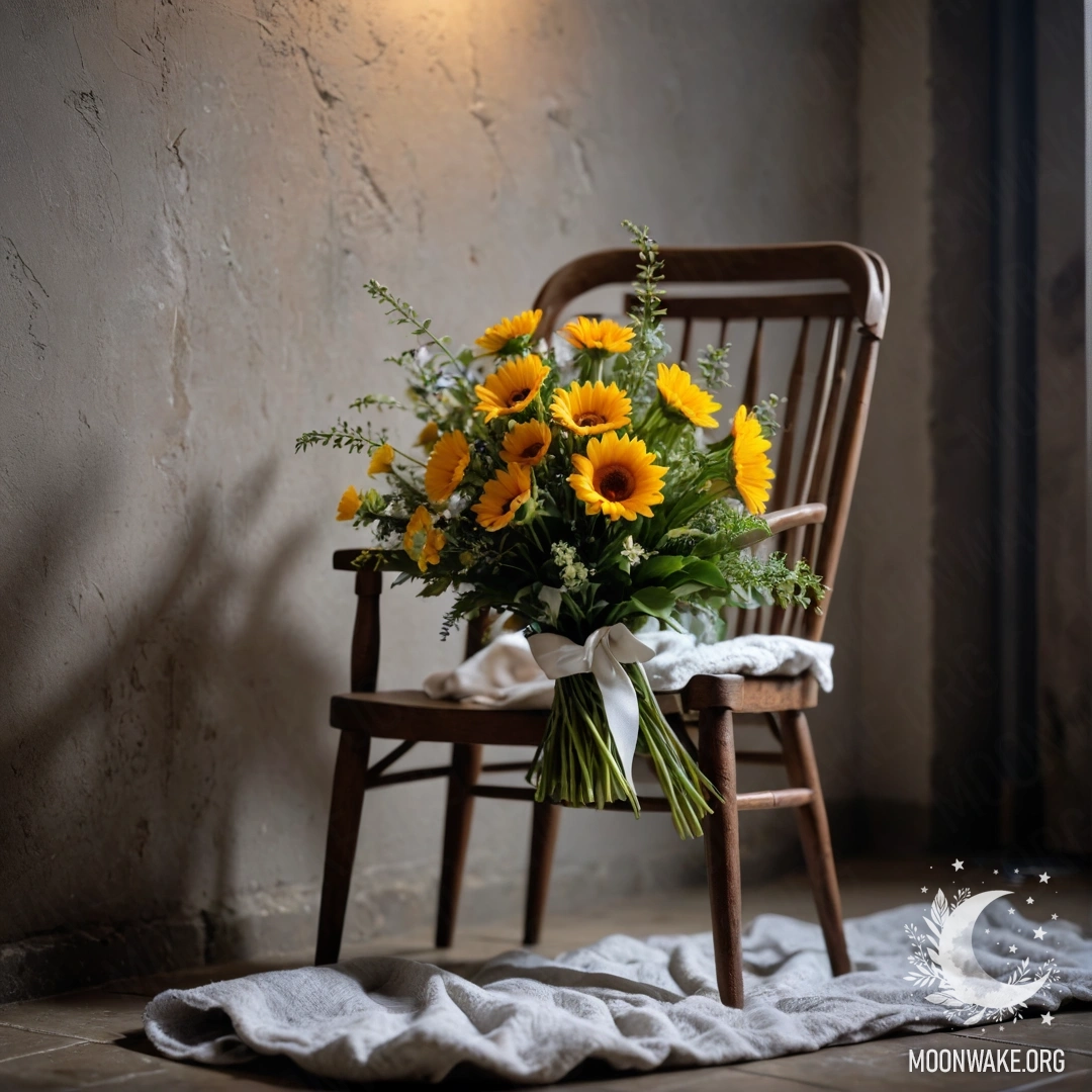 Спокойная композиция с креслом, пледом и букетом цветов на фоне обветшалой стены ночью.