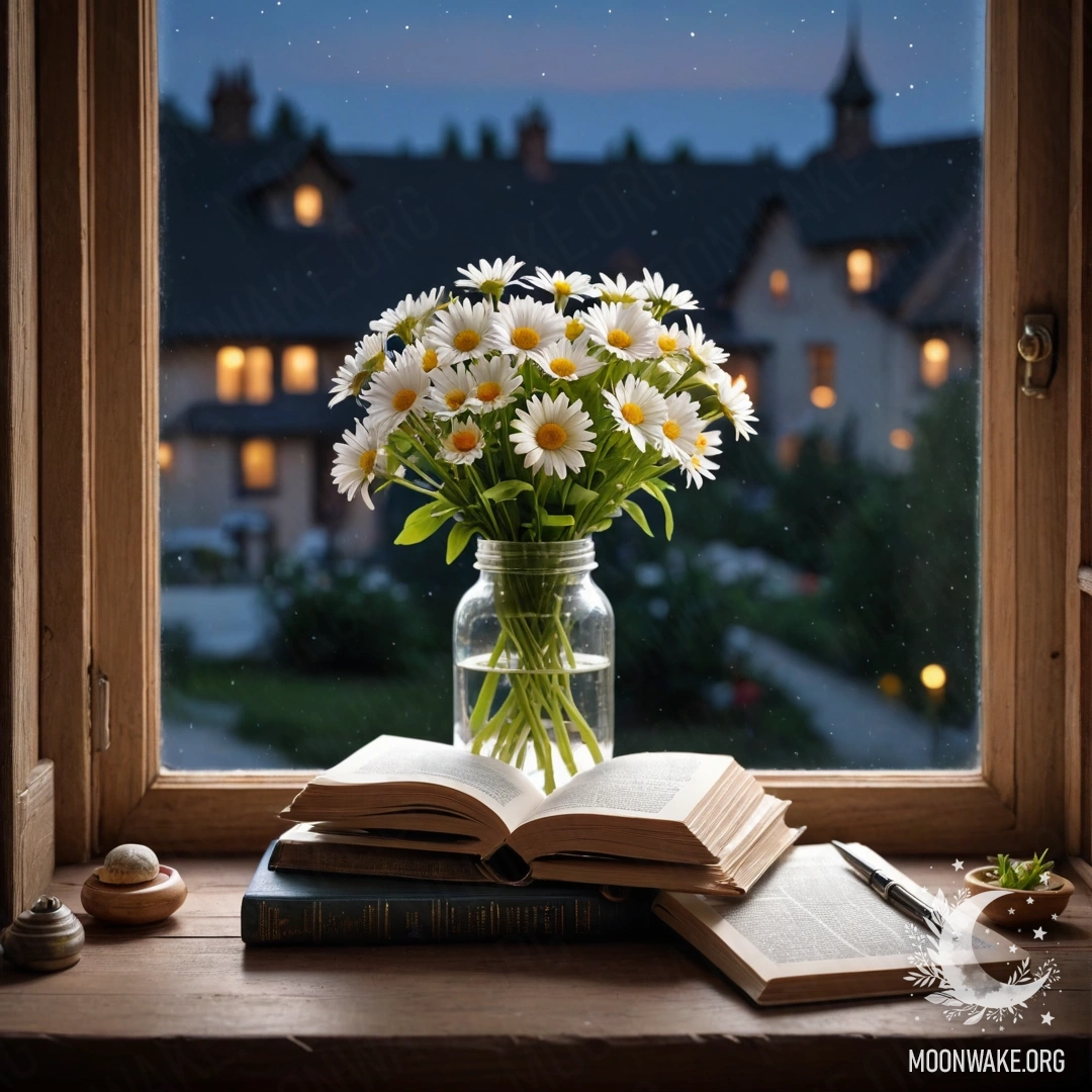 Кресло у ветхой стены с пледом и букетом цветов на нем на фоне заката.