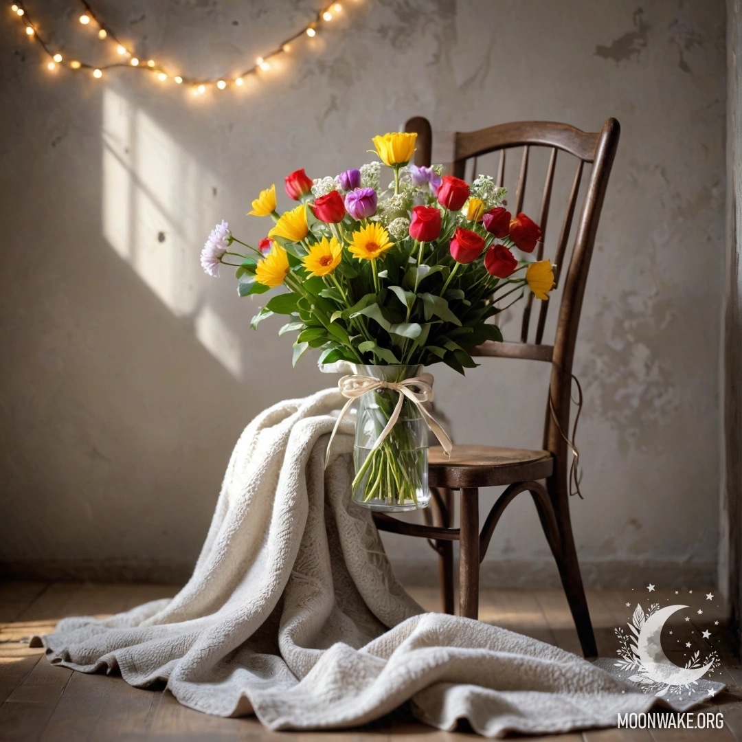 Стул на фоне потрёпанной стены с пледом и букетом цветов, украшенным гирляндами светящихся огоньков.