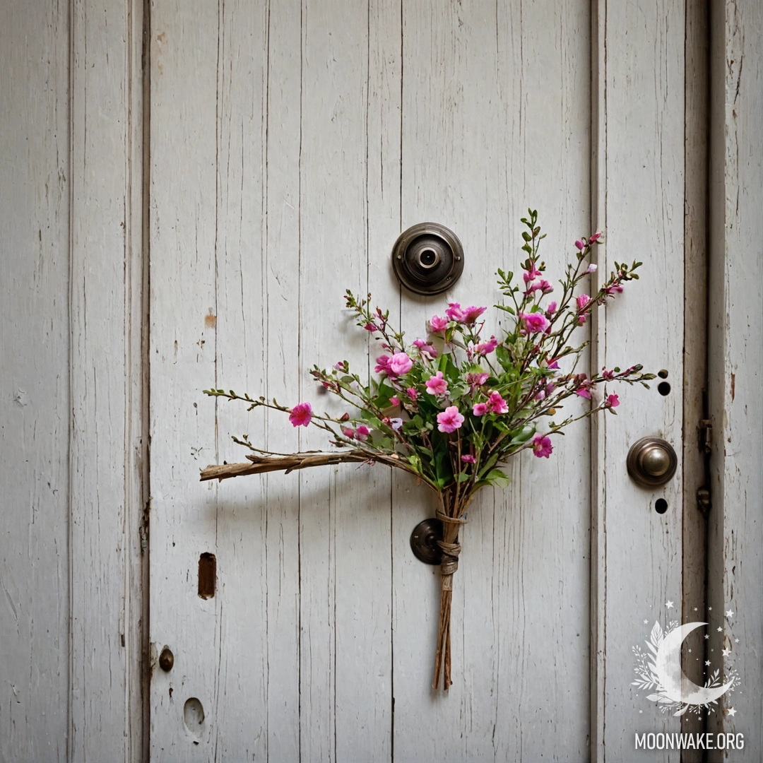 Стул на фоне обветшалой стены, на котором лежит плед и букет цветов.