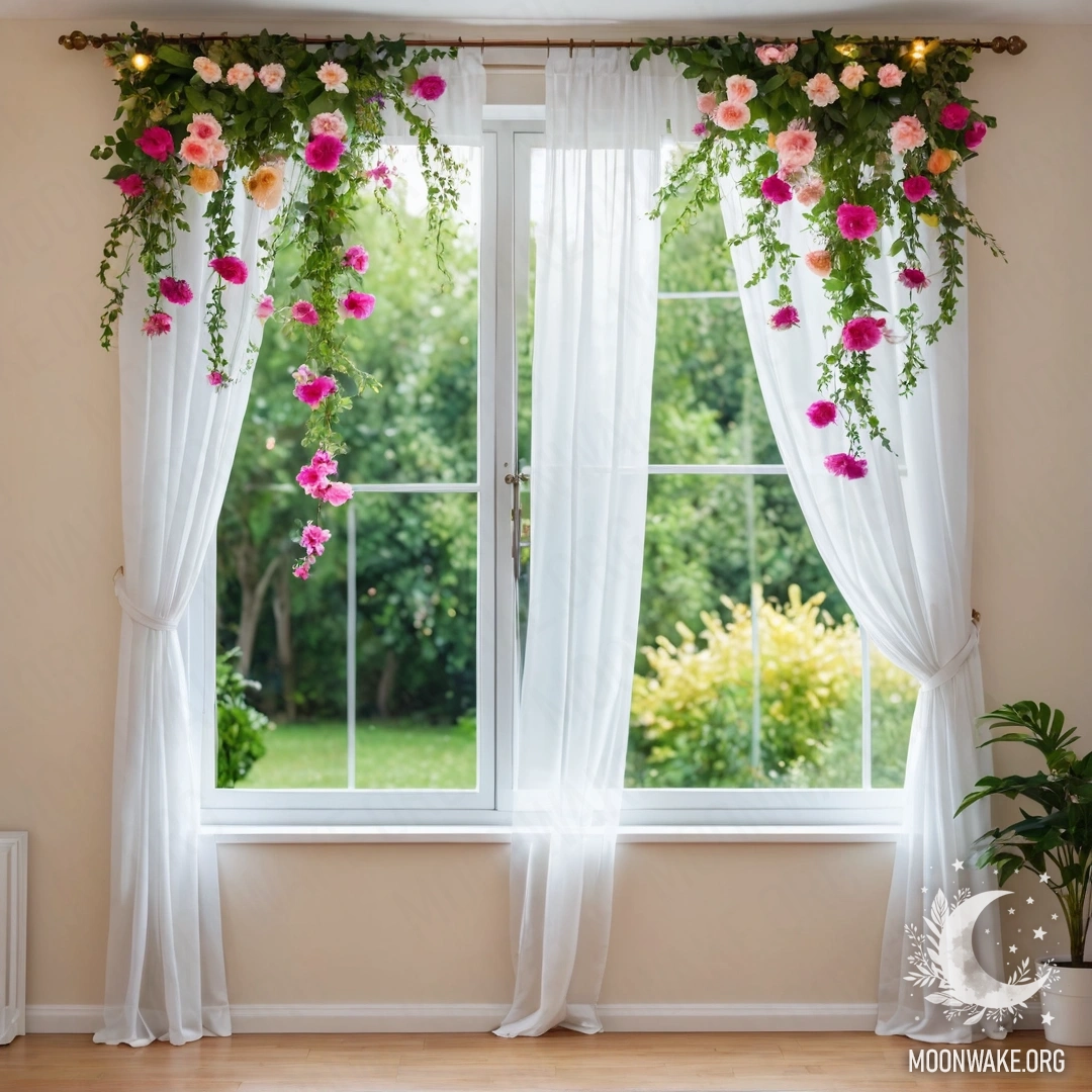 Стул у облезлой стены, украшенный пледом и букетом цветов, освещенный гирляндой.