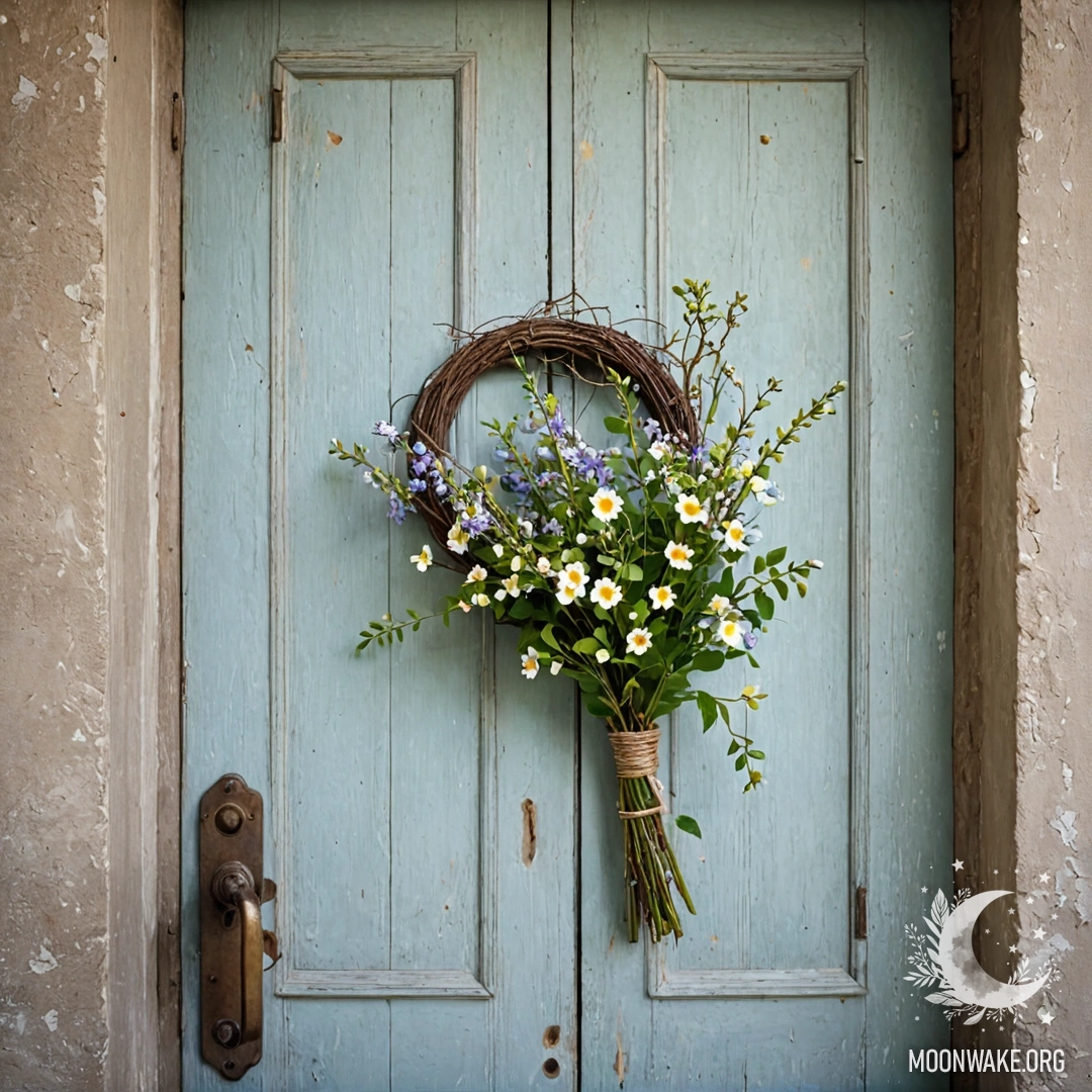 Стул на фоне обшарпанной стены, украшенный пледом и букетом цветов, освещенный солнечными лучами.