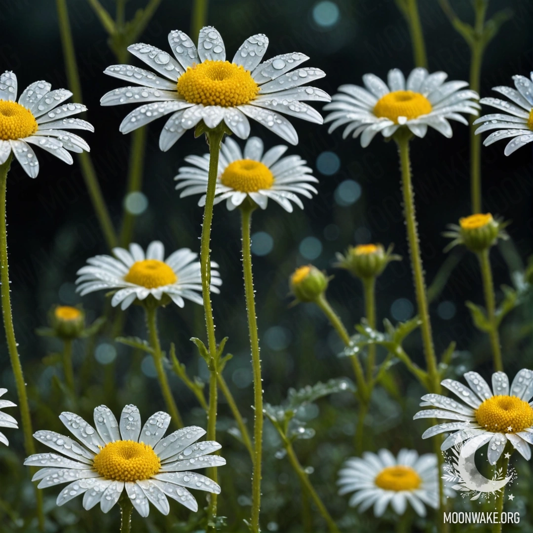 Спокойная ромашка, украшенная каплями росы, на мятном фоне ночью.