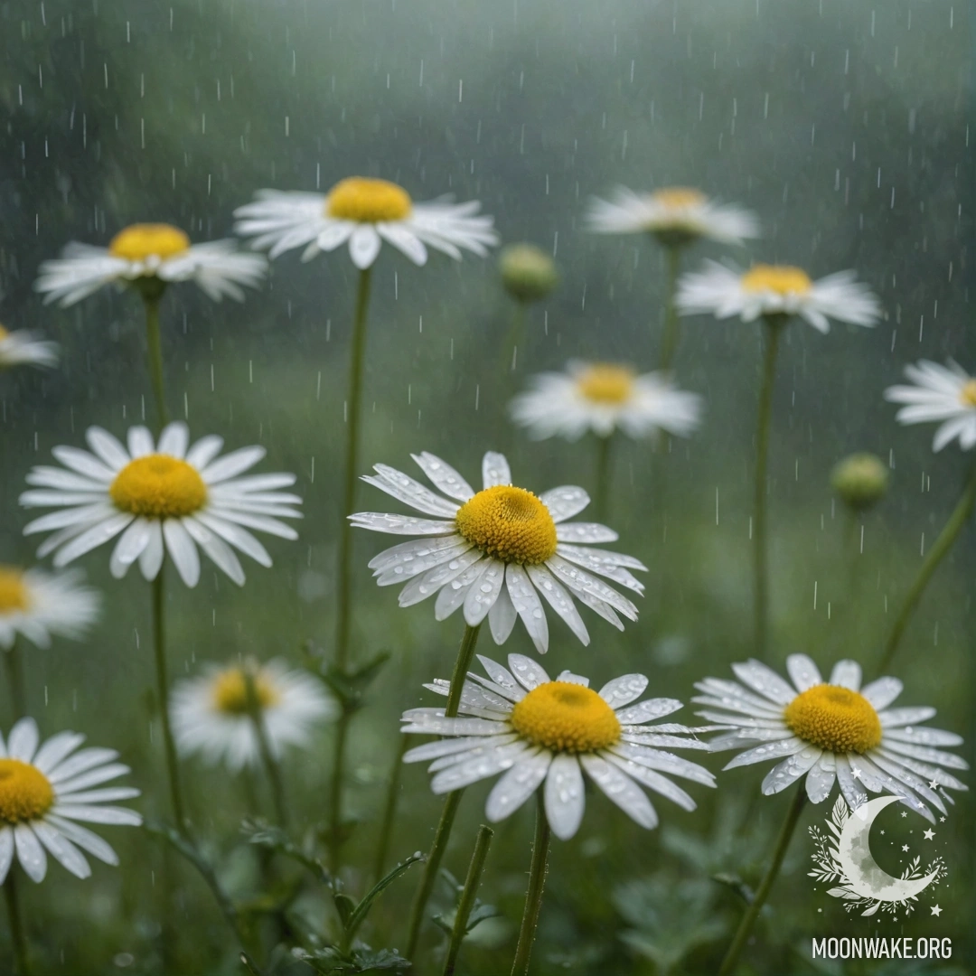 Спокойная ромашка, нежно колышущаяся на фоне туманного дождя.