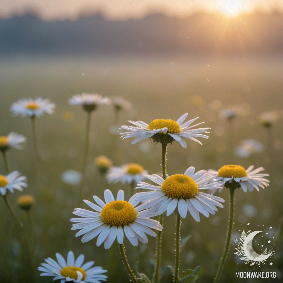 Спокойное поле ромашки, окруженное туманом на закате, сверкающее синими оттенками и блёстками.