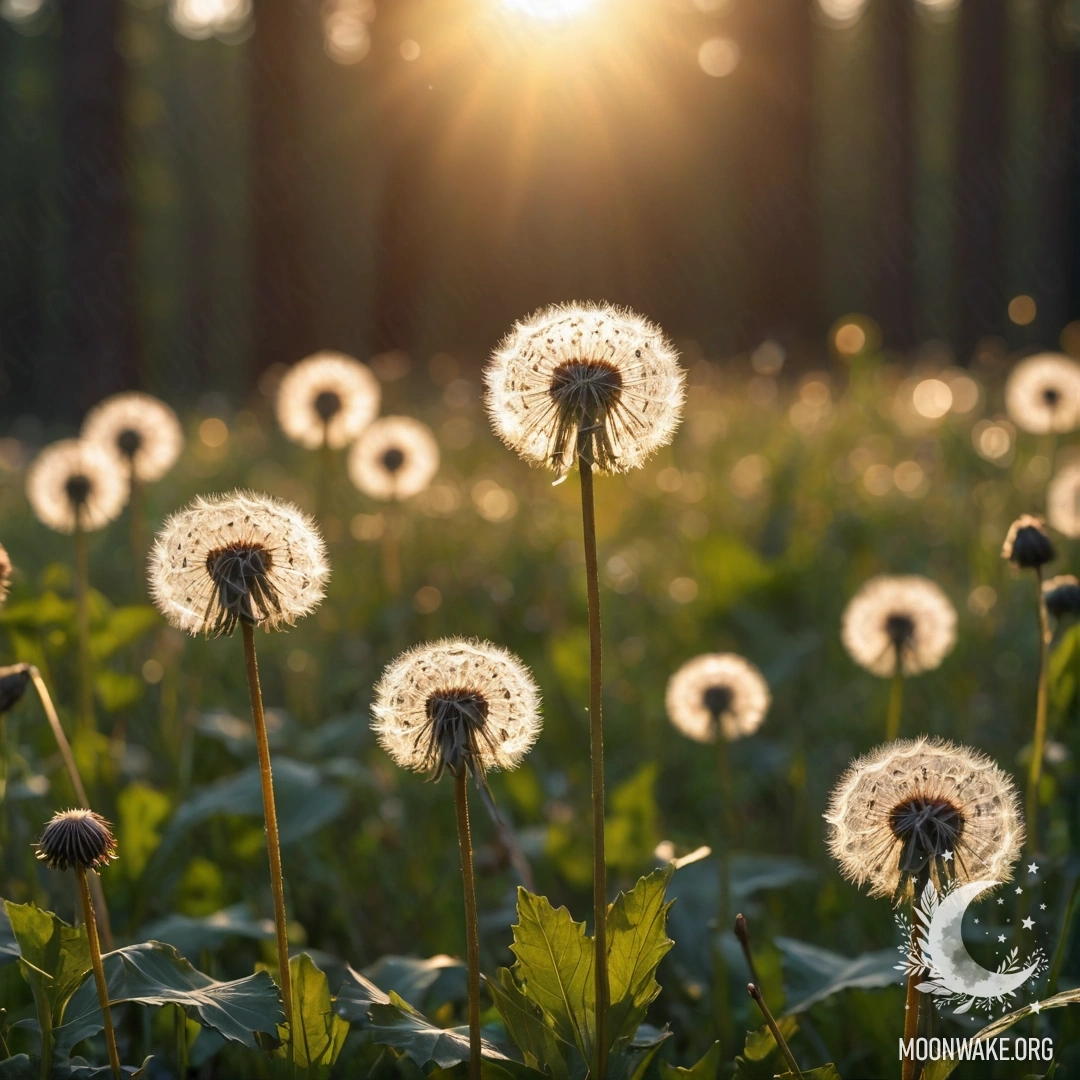 Крупный план одуванчиков на мирном поле с размытым лесом на фоне в момент заката.