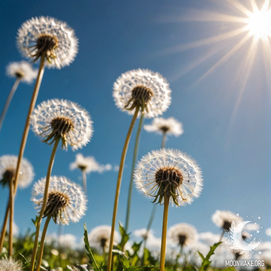 Крупный план одуванчиков на мирном поле с размытым небом, наполненным облаками и солнечными лучами.