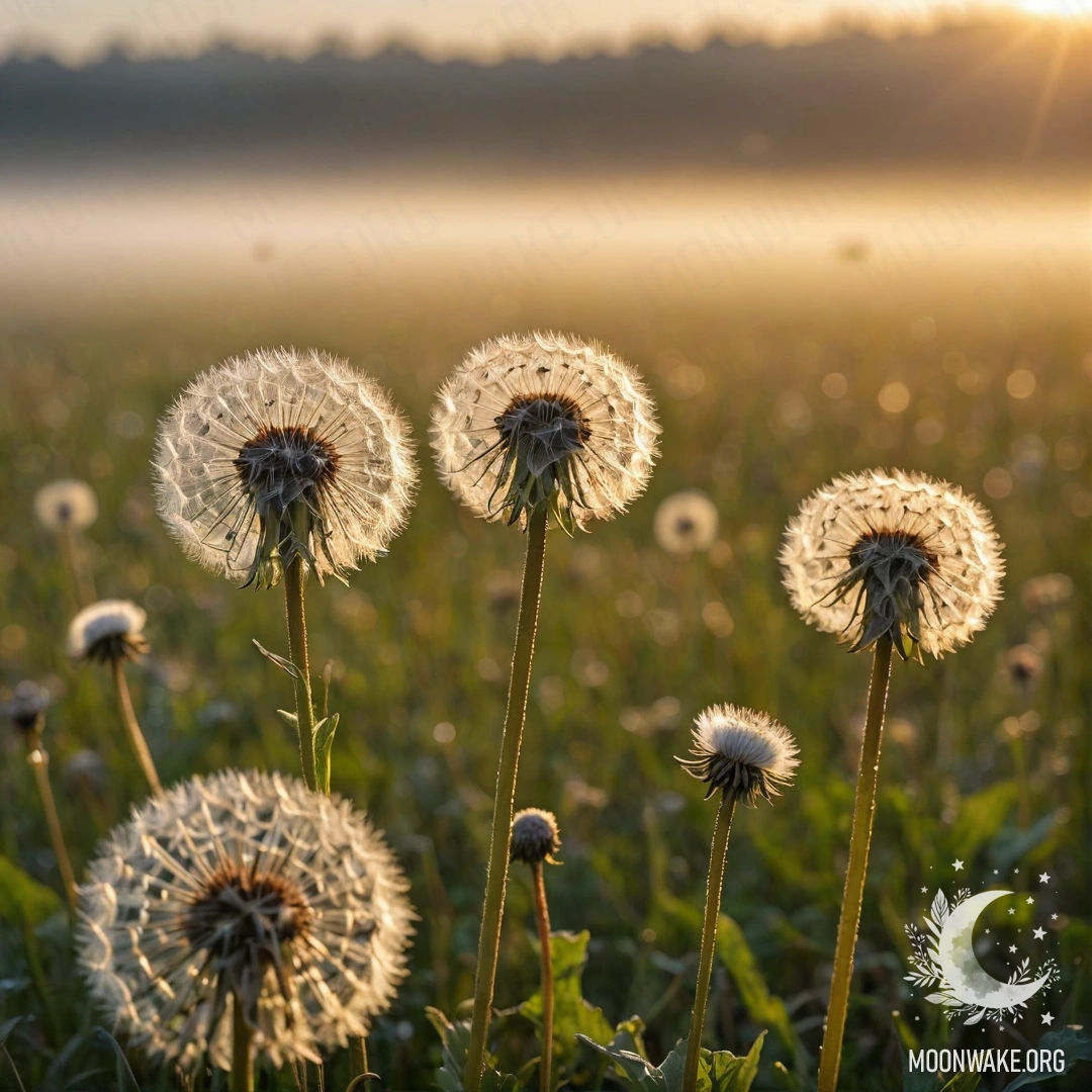 Крупный план одуванчиков в мирном поле с туманом на закате.