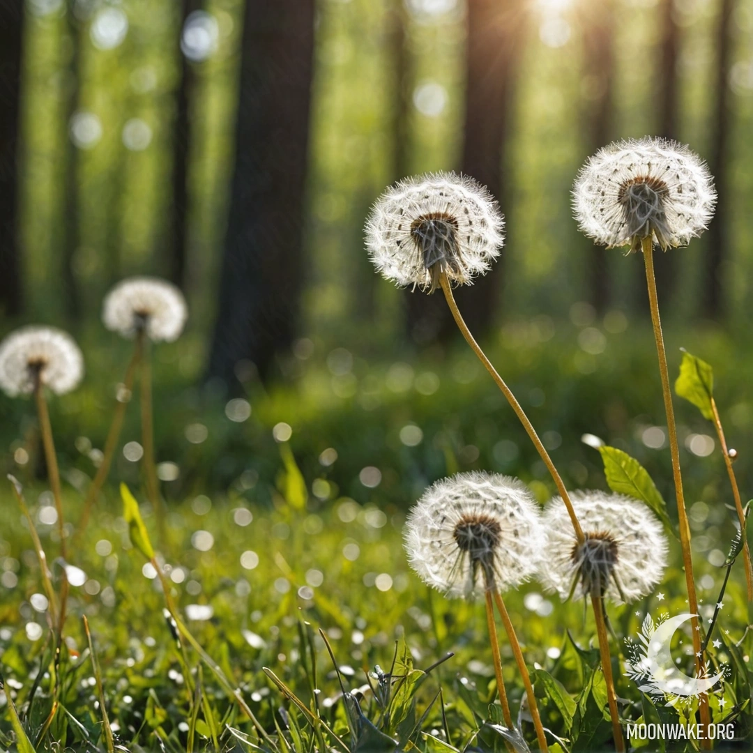 Крупный план одуванчиков на спокойном поле с размытым фоном леса в солнечный день.
