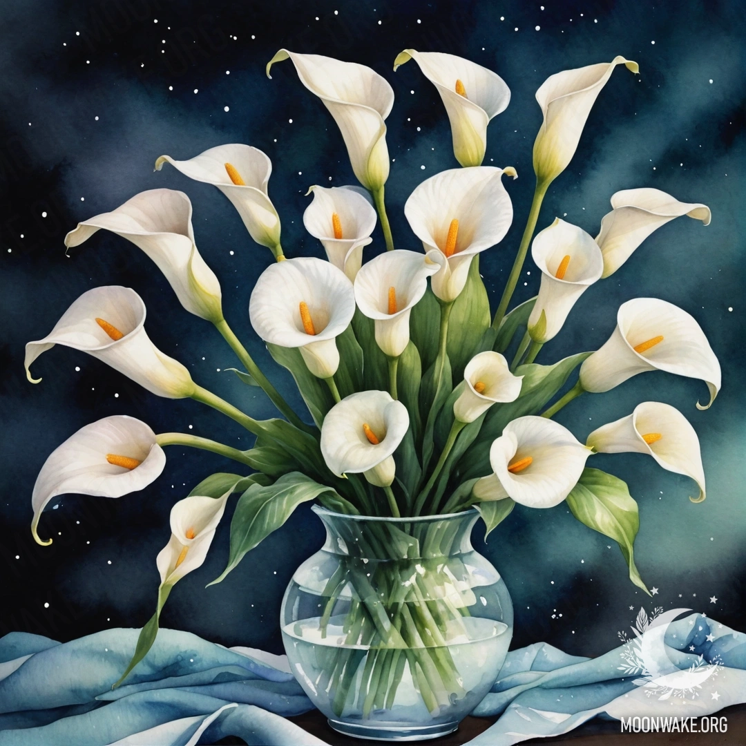 Акварельная картина с делфиниумом и паутинкой на фоне заката.