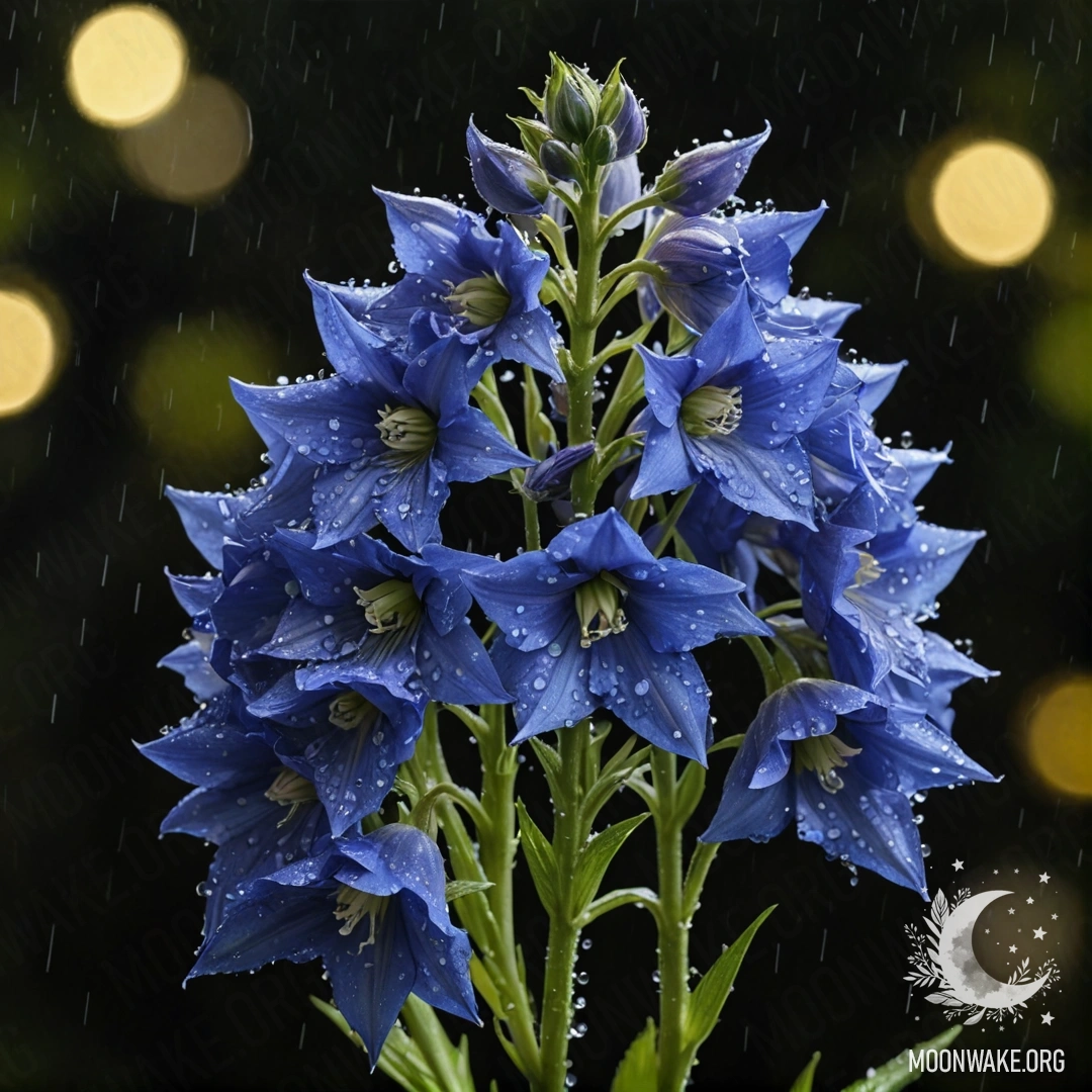 Букет делфиниумов цвета лайма под дождем ночью.