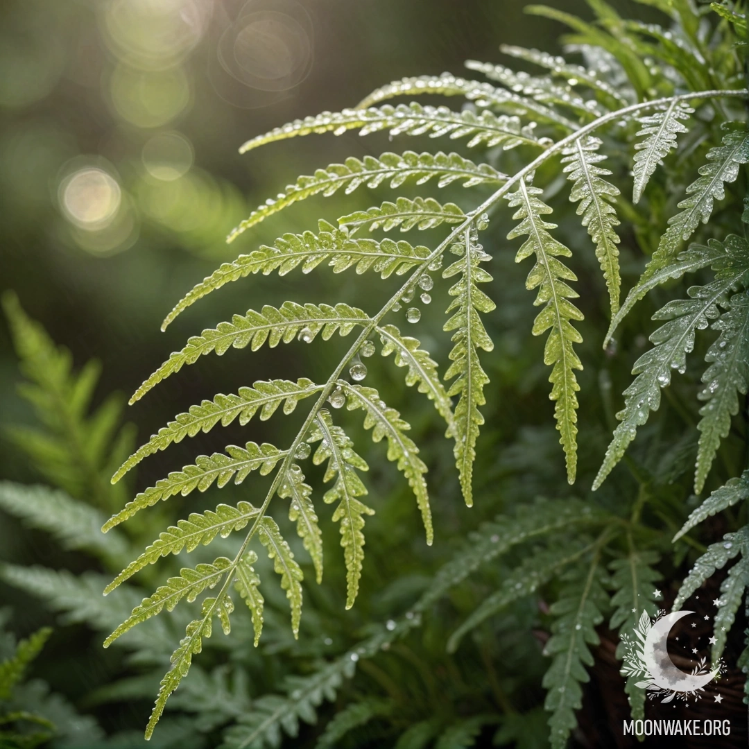 Спокойный папоротник с каплями росы, омываемый солнечными лучами в корзине.
