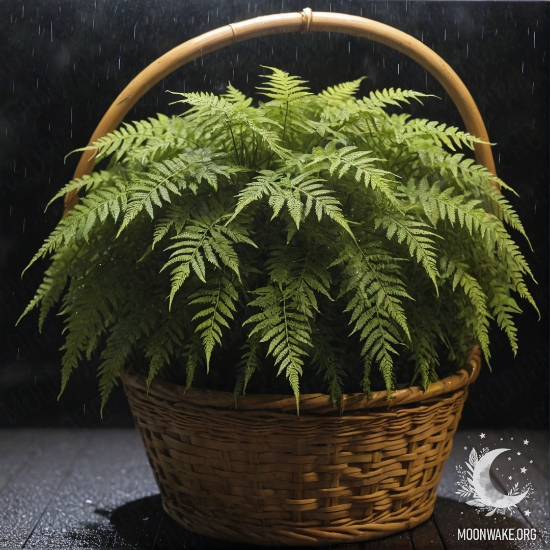 Желтый папоратник в корзине, промокший под ночным дождем.