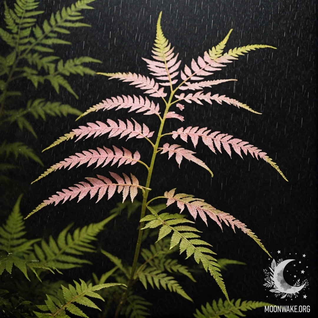 Спокойный папоротник, окруженный туманом, освещенный нежными розовыми узорами под дождем ночью.