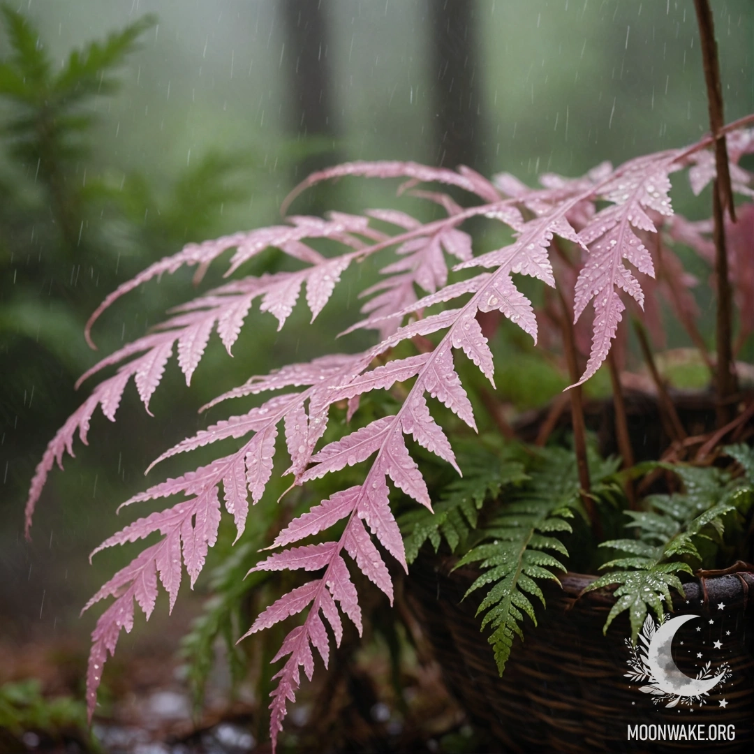 Спокойный папоротник, уютно расположившийся в розовой корзине, окруженный каплями дождя.