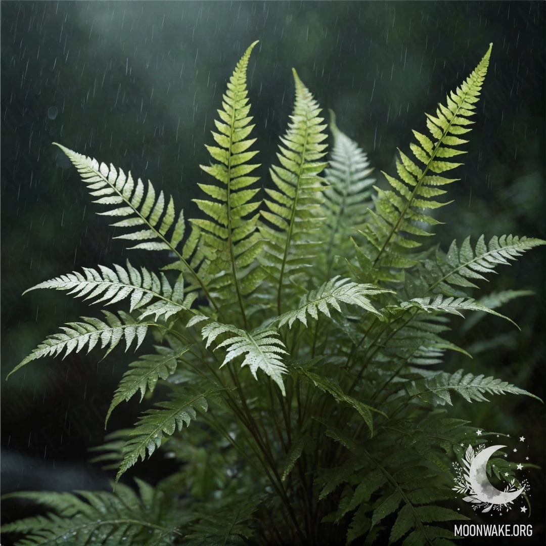 Нежный папоротник, окруженный каплями дождя ночью, украшенный пастельными цветами.