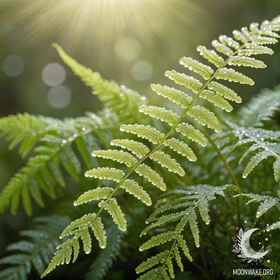 Нежный папоротник, украшенный сверкающими каплями росы, под солнечными лучами