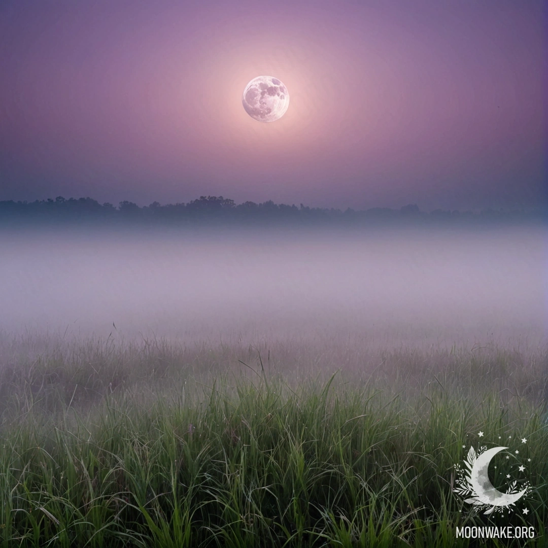 Крупный план травы на мирном поле на фоне розово-фиолетового неба с луной.