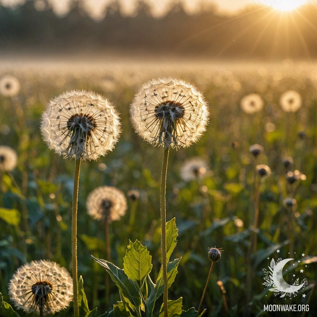 Крупный план одуванчиков на спокойном поле с эффектом боке и туманом на закате, освещенном солнечными лучами.