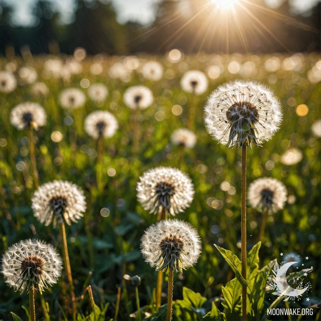 Макро изображение одуванчиков в мирном поле с размытыми цветами и солнечными эффектами.